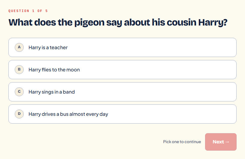 A live PageUp quiz: question 1 of 5 with four answer choices